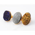 adjustable metal plated Gold Size of gemstone 25x35mm Gold Rings with natural Druzy Agate Crystal Gemstone